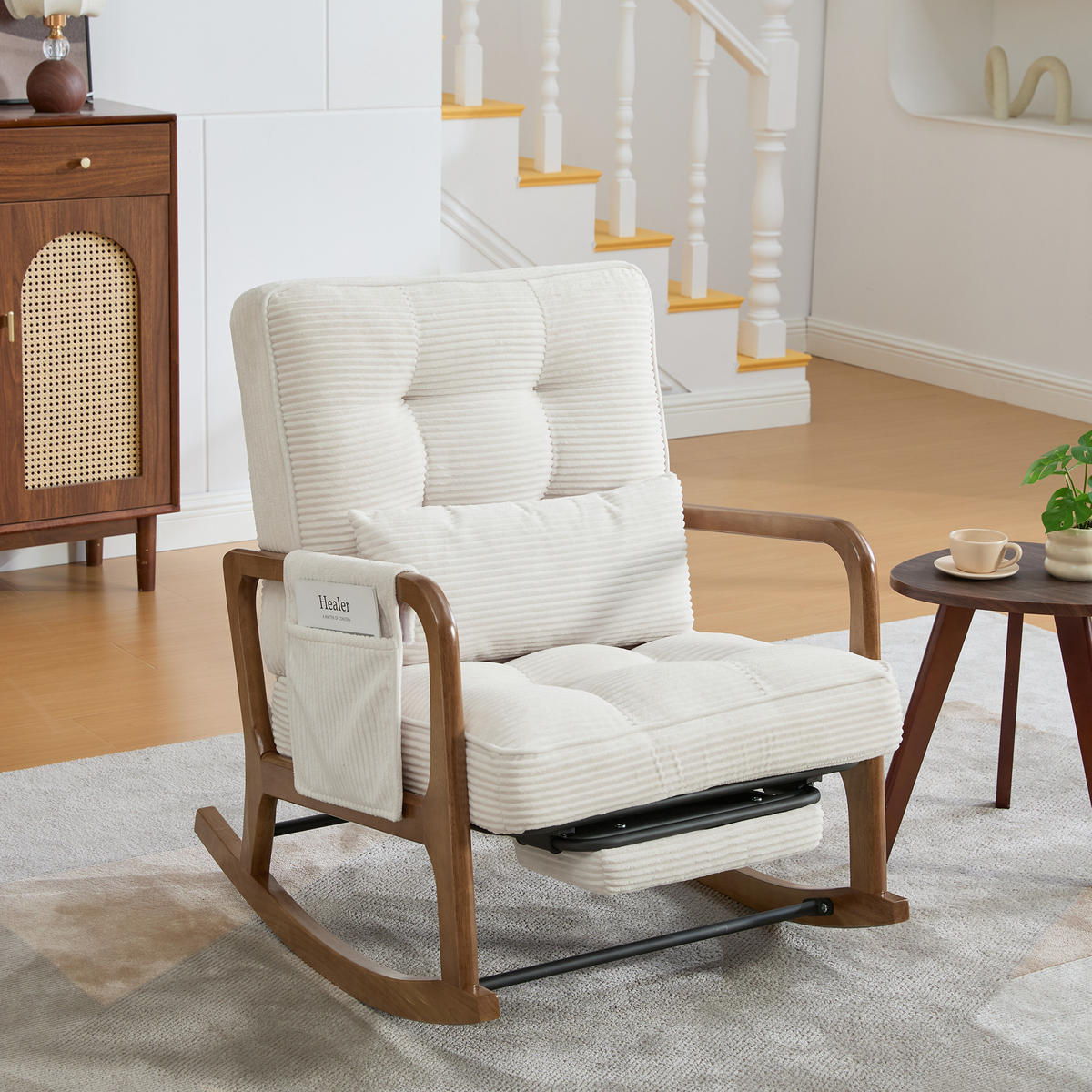 SCHAUKELSTUHL Relaxsessel mit Fußstütze,verstellbarer Rückenlehne,Cord,Beige - Beige, Textil (70/92/80cm) - LVHOM