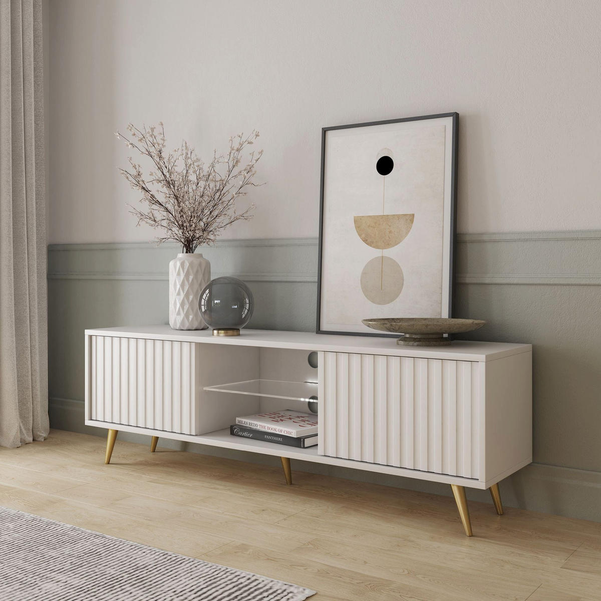 TV-ELEMENT Rikke Eiche / Grau 135/43/32 cm - Goldfarben/Weiß, Holzwerkstoff/Metall (135/43/31.6cm) - Selsey