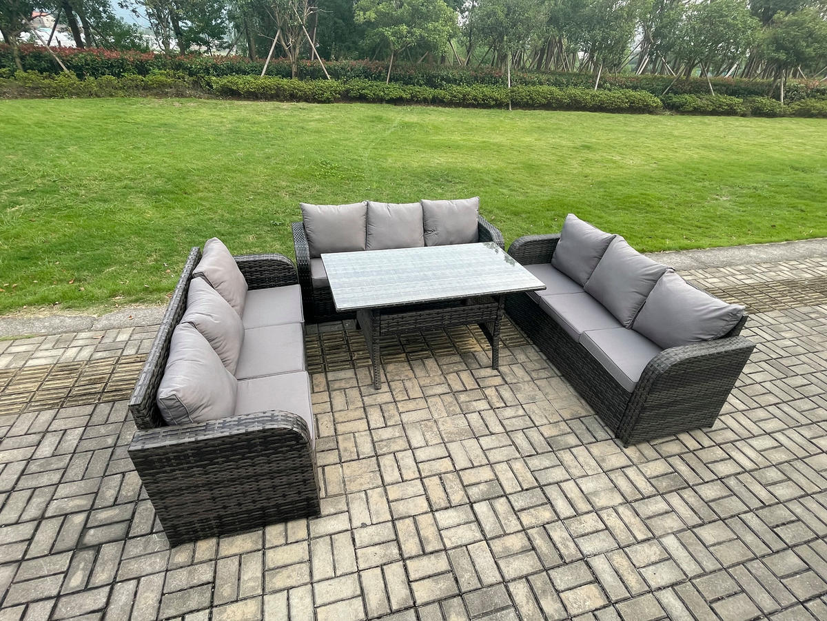 GARTENTISCHGRUPPE mit Beistelltisch,2 Hocker Polyrattan Dunkelgrau 9-Sitzer - Dunkelgrau/Grau, Glas/Kunststoff - Fimous