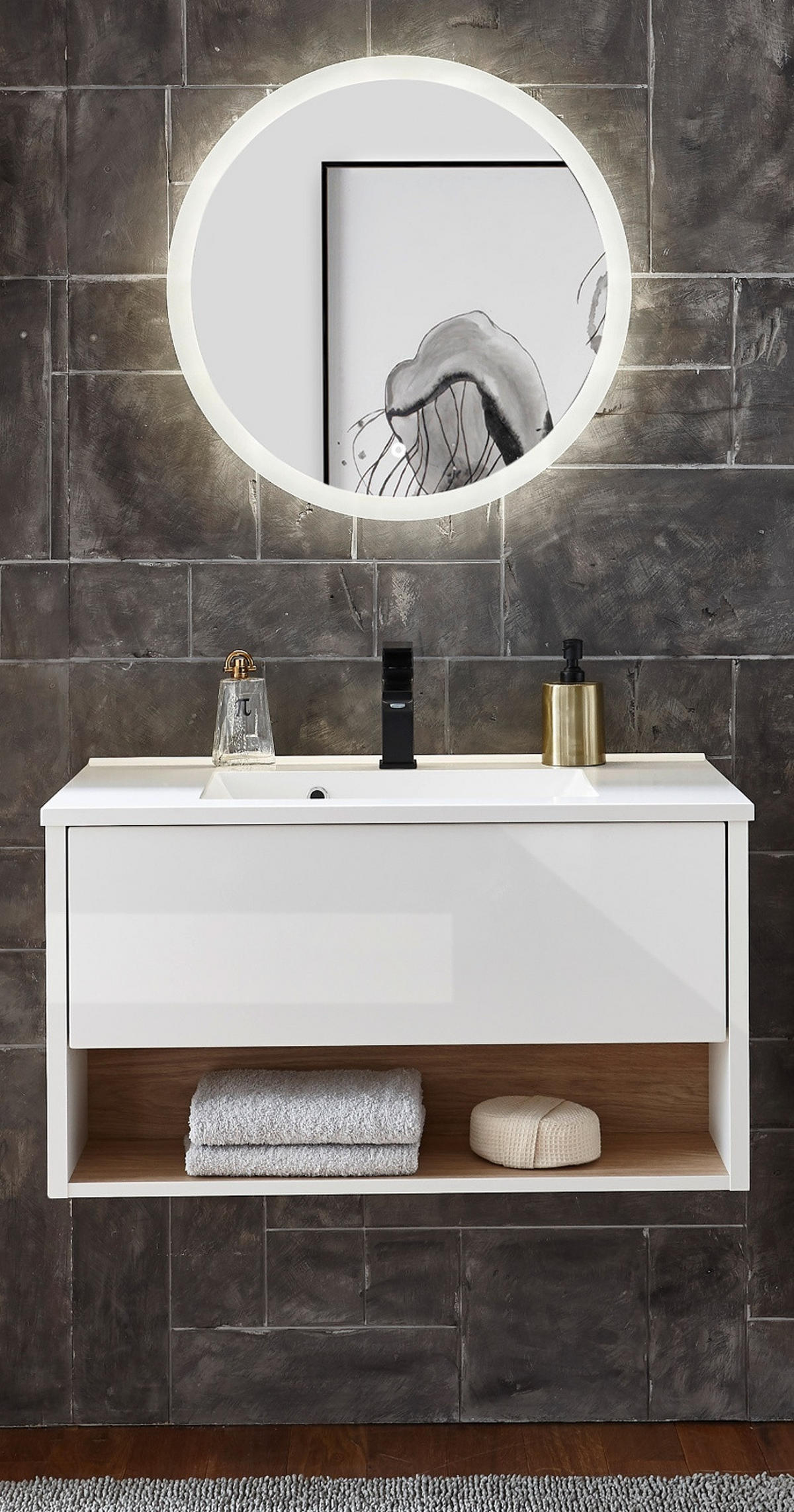 BADMÖBEL-SET weiß Hochglanz, Eiche 80 cm 2-teilig mit Waschbecken und LED Beleuchtung - Weiß Hochglanz/Eichefarben, Glas/Holzwerkstoff (80/190/47cm) - Furn.Design