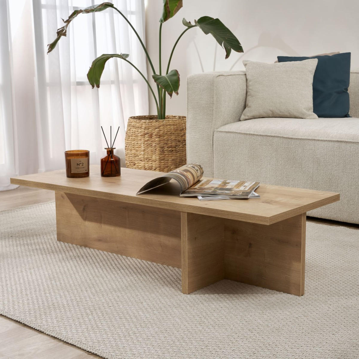 COUCHTISCH mit rechteckiger Platte und asymmetrischem Fuß L120 cm - HARBOR - Eichefarben, Holzwerkstoff (50/45/30cm) - Calicosy