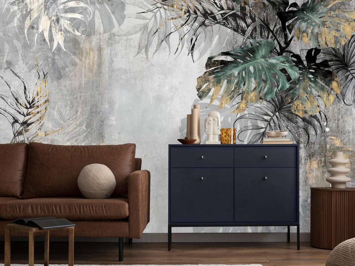 FOTOTAPETE Tropische Blätter auf Beton Vintage 350x256 - Gelb/Beige, Papier (350/256cm) - Muralo