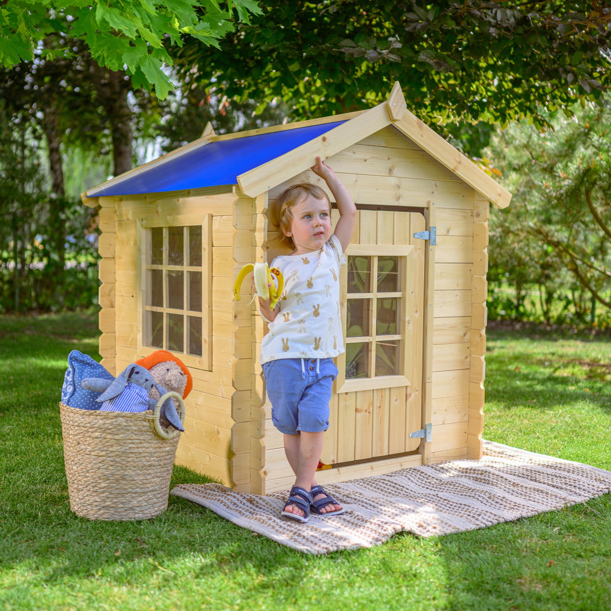 KINDERSPIELHAUS aus Holz - 111x113xH121 cm/0.9 m2 - M570M-1 - Beige, Holz (114/121/111cm) - Timbela