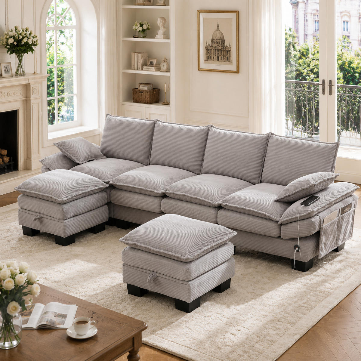 WOHNLANDSCHAFT DE-33753 modular mit 2 Stauraumhockern Hellgrau - Hellgrau, Metall (330/84/132cm) - ComfortXL