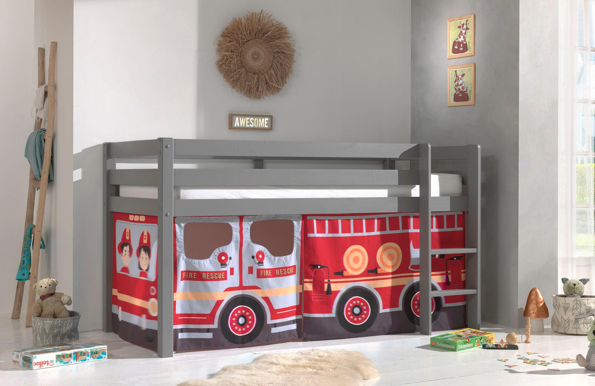 KINDERBETT Karolina 210x114x106 Massivholz Grau Textilset Feuerwehr - Grau/Dunkelrot, Holz (90/200cm) - 58aufmkessel
