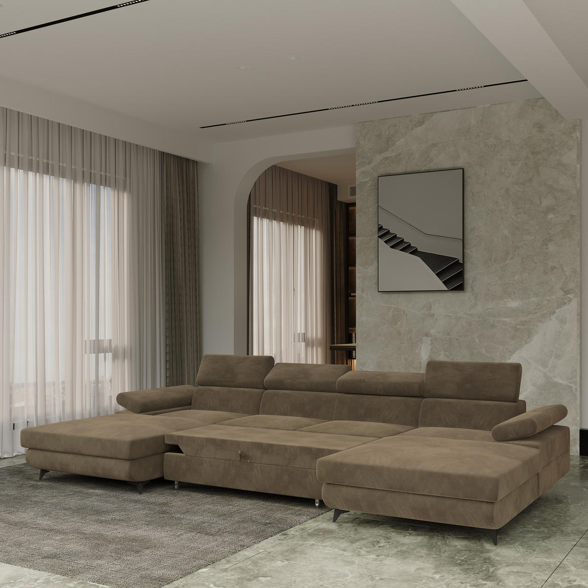 WOHNLANDSCHAFT DETTI Beige Velours-Stoff mit Schlaffunktion - Beige, Holz (339/89/190cm) - MASSENO