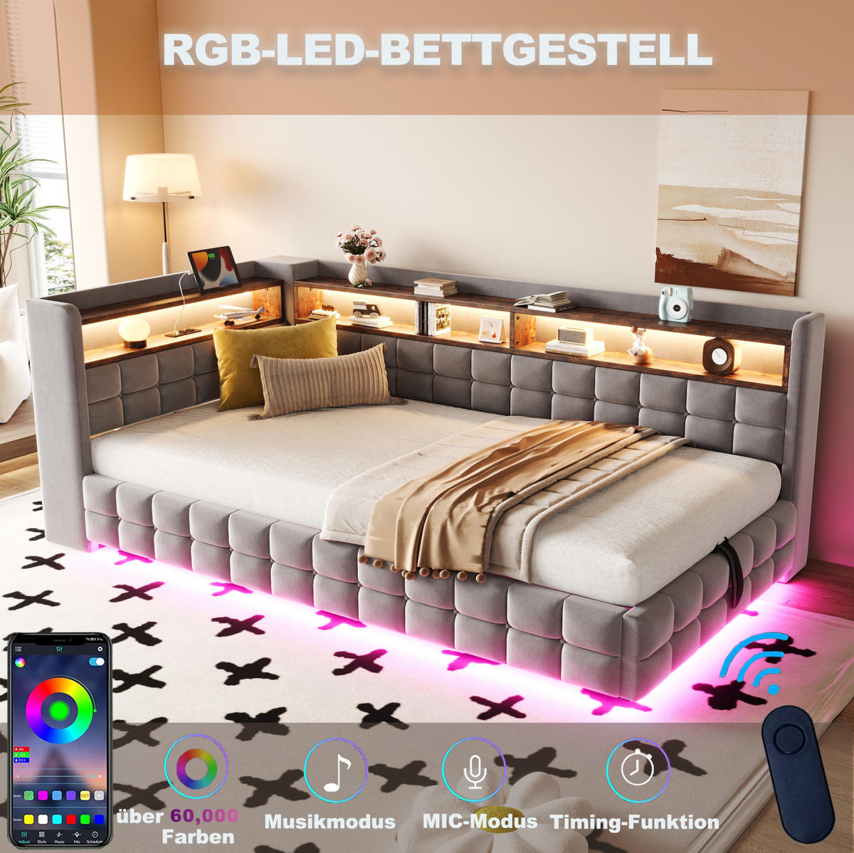 POLSTERBETT 90/200 cm Hellgrau mit Stauraum und LED-Beleuchtung - Hellgrau, Textil (90/200cm) - Flora Grace