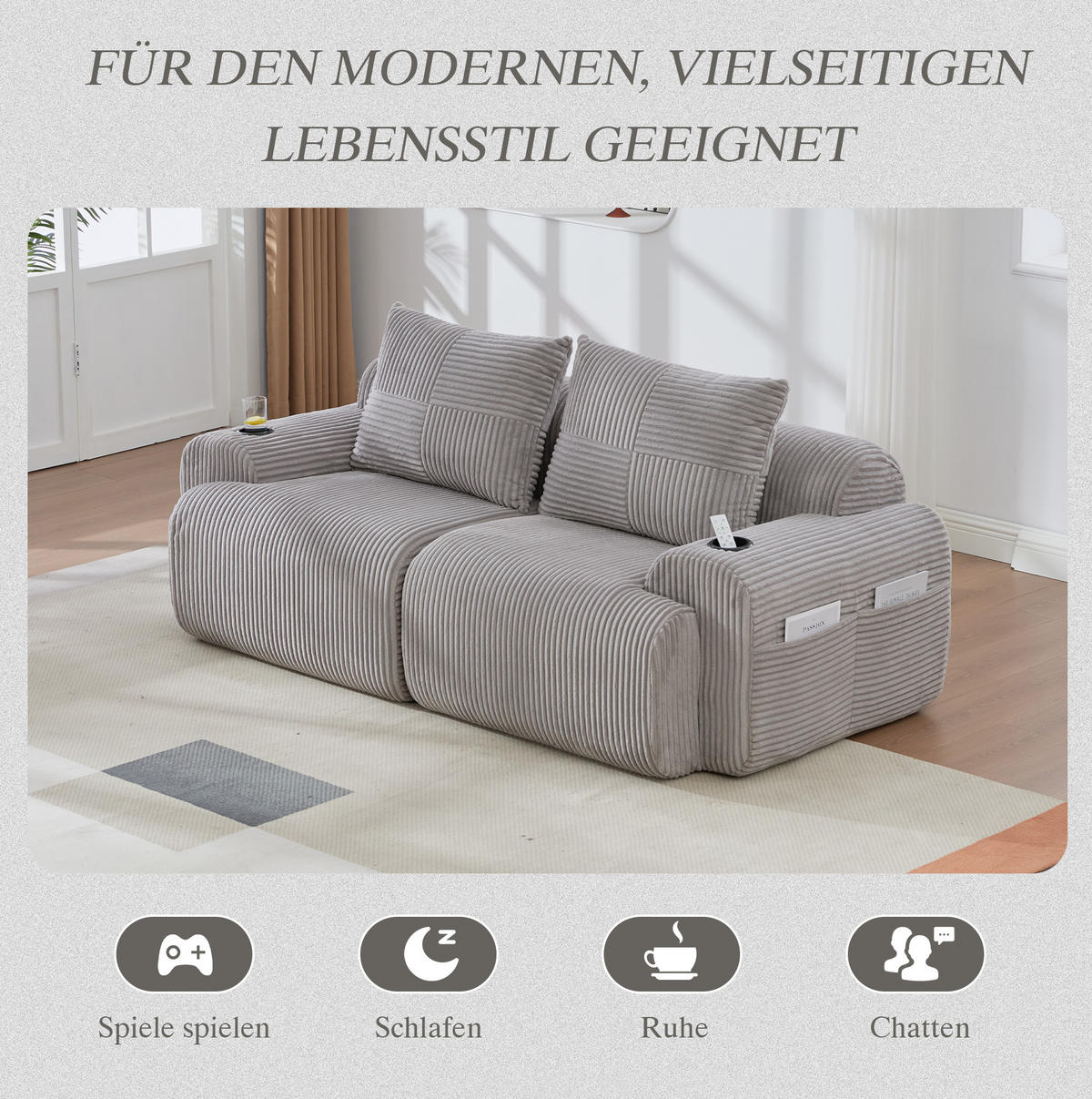 2-SITZER Sofa Cordstoff mit Getränkehalter und Seitentasche 200/99/80 cm Hellgrau - Hellgrau, Textil (99/80/200cm) - Redom