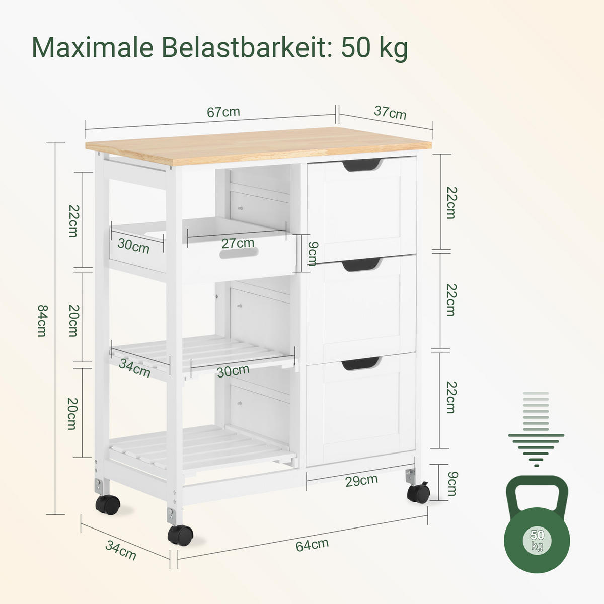 SERVIERWAGEN mit Rollen, Weiß, 68x85x38cm, bis 50kg - Weiß, Holzwerkstoff (68/85/38cm) - SoBuy