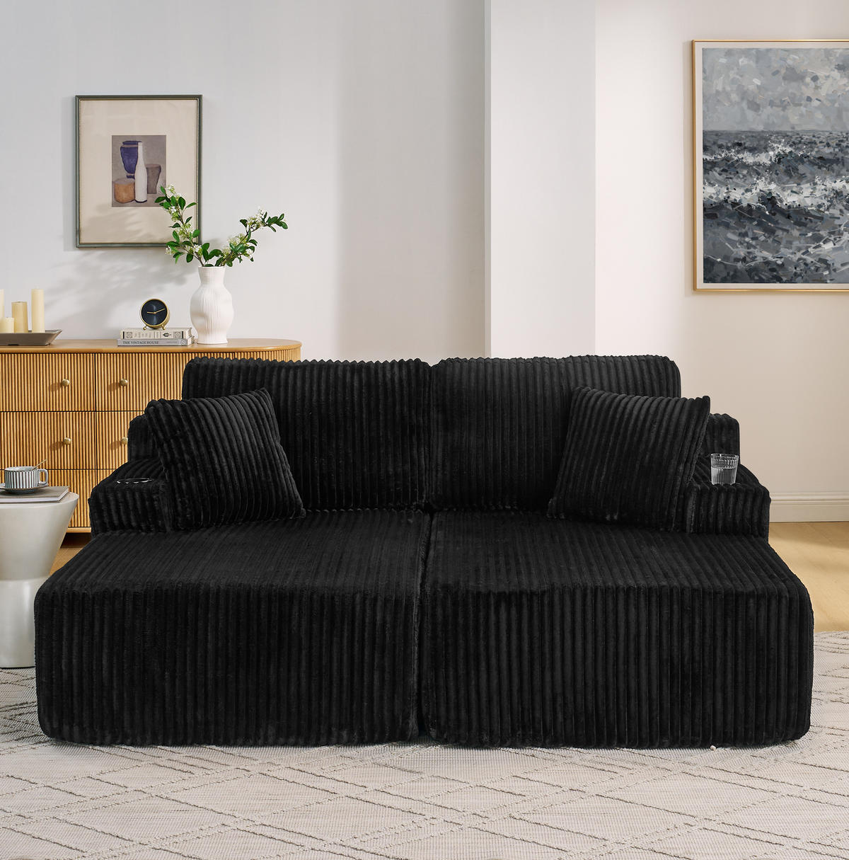 SCHLAFSOFA multifunktional als 2-Sitzer, Relaxsessel mit Magazintasche, Getränkehalter und Kissen, Schwarz - Schwarz, Kunststoff (186/78/154cm) - Redom