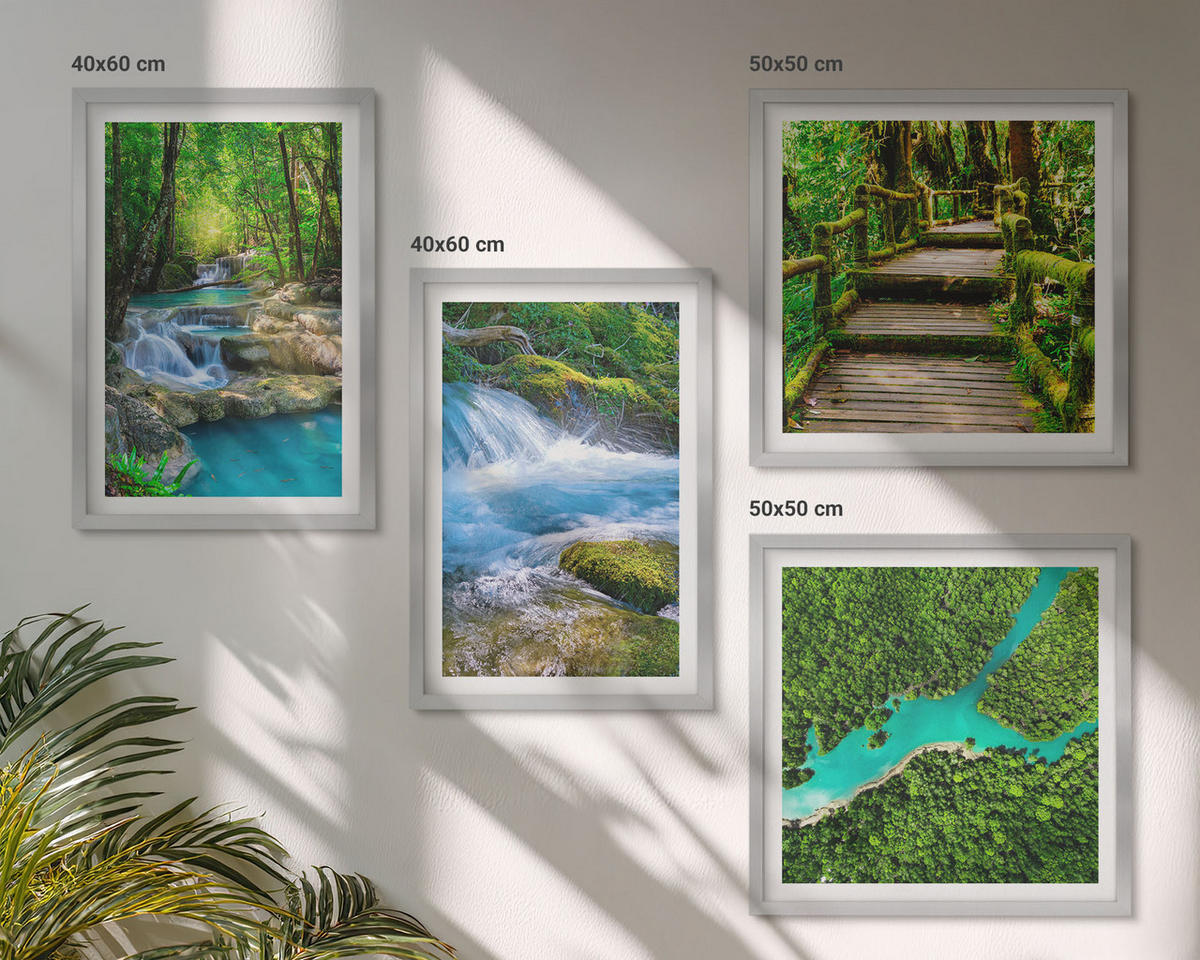 WANDBILDER 4er Set - 50x50 cm & 40x60 cm Silberner Rahmen - Grüne Wälder, kristallklares Wasser - Silberfarben, Kunststoff (50/50cm) - ArtPrintCave