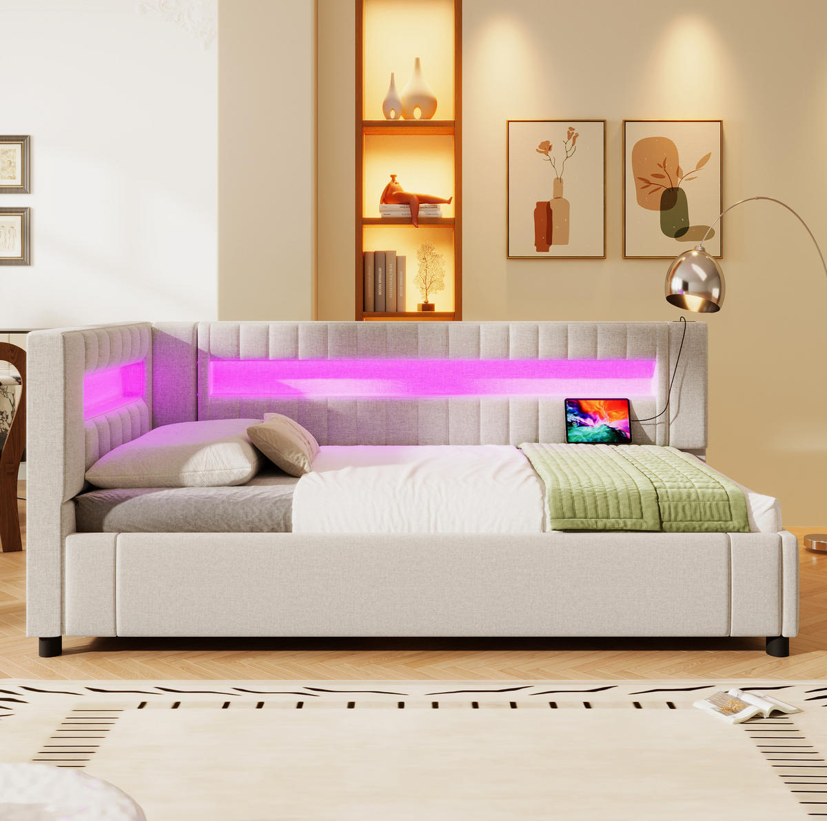 POLSTERBETT aus Leinen 90x200 cm in Beige mit LED & hydraulischem Stauraum - Beige, Textil (90/200cm) - Modfu