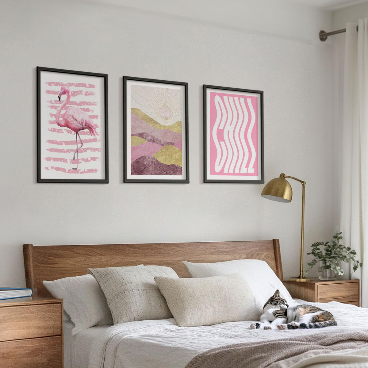 BILDER SET 3er Set - 40x60 cm Schwarzer Rahmen - Pastelllandschaft mit rosa Flamingos - Schwarz, Kunststoff (40/60cm) - TULUP