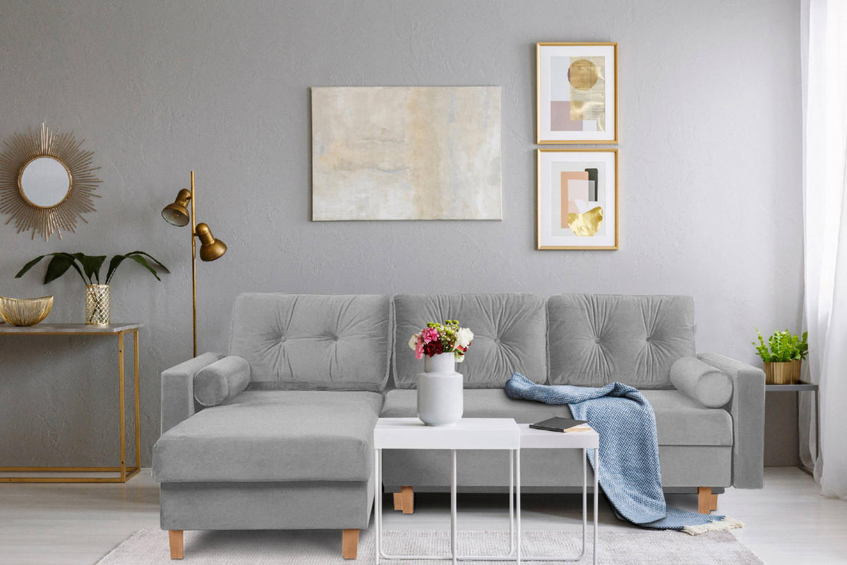 ECKSCHLAFSOFA ERISO 3/4 Sitzer und Universalecke mit Ottoman, Velour-Stoff, grau - Braun/Grau, Textil (240/183cm) - KONSIMO®