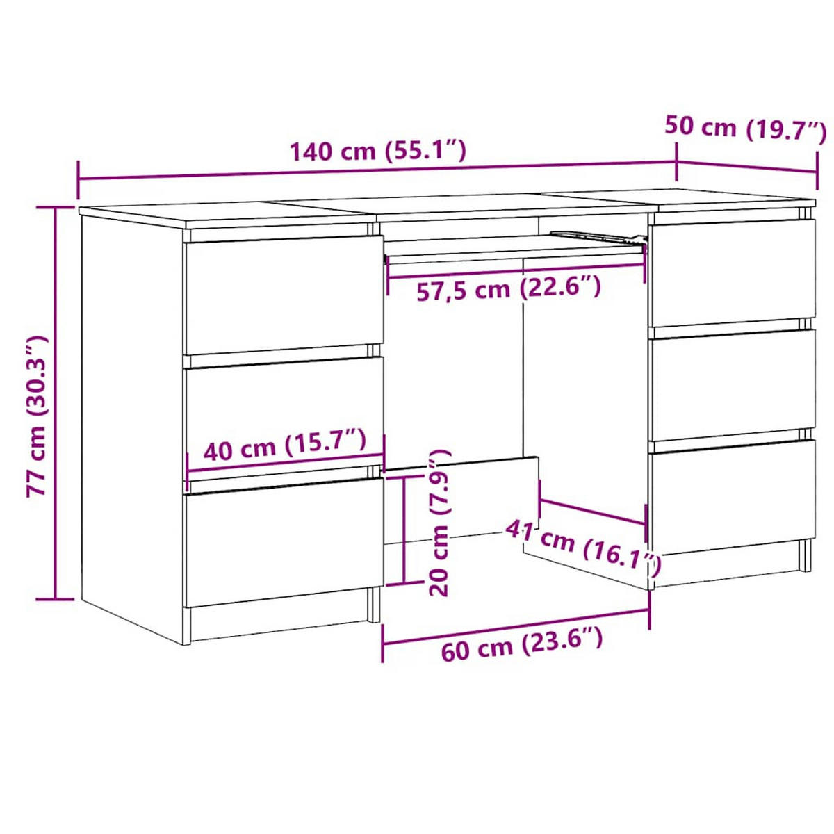 SCHREIBTISCH mit 6 Schubladen, 1 Tastaturauszug 140/50/77 cm aus Holzwerkstoff Sonoma-Eiche Dekor - Braun/Sonoma Eiche, Holz (50/140/77cm) - vidaXL