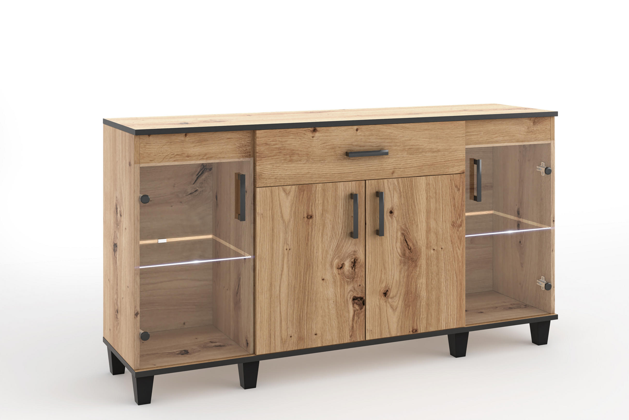 KOMMODE Vanessa II 160 cm mit Schublade und Holzbeine, viertürig, tartisan, schwarz - Schwarz/Eiche Artisan, Glas/Holz (160/90/40cm) - Margaret Hadas24