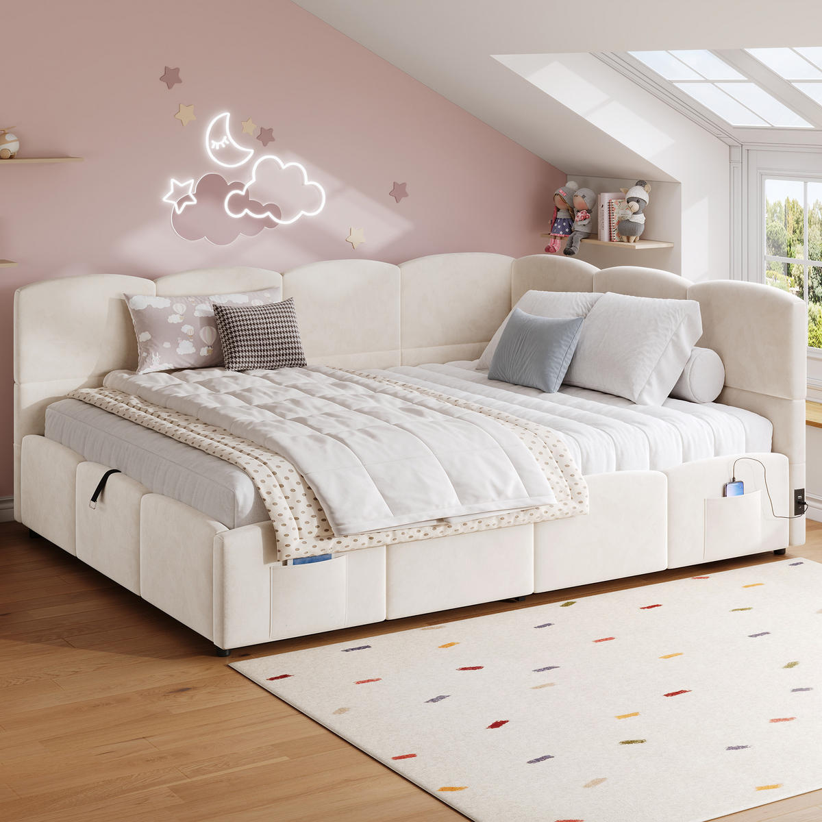 KINDERBETT Beige Samt 140x200 USB Stauraum Lattenrost - Beige, Textil (140/200cm) - FLIEKS