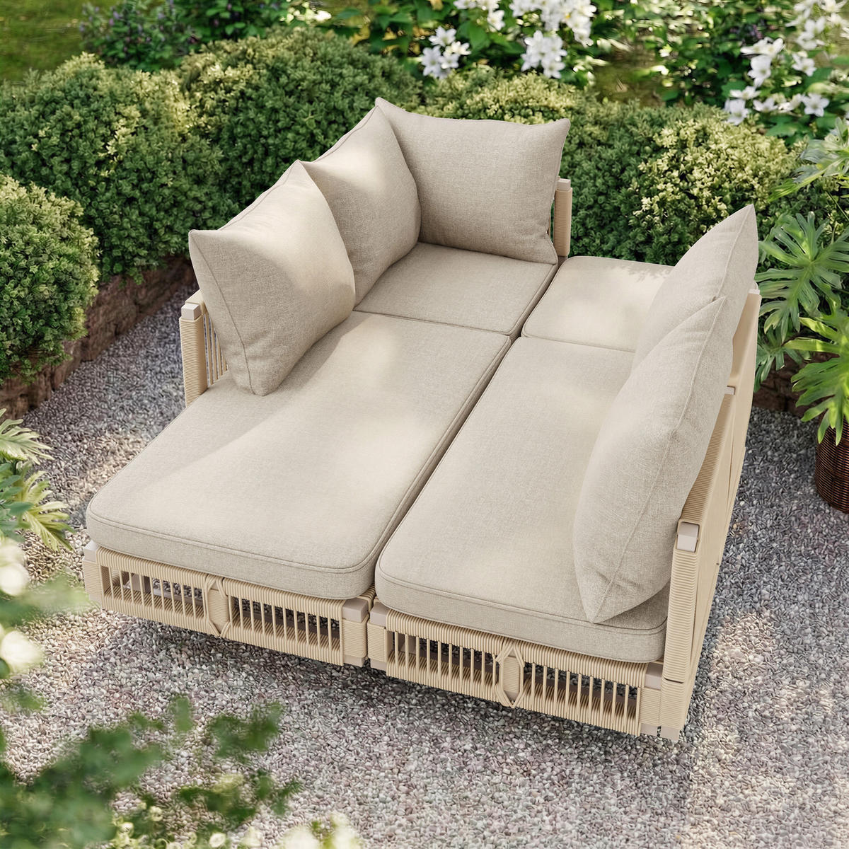 LOUNGESET, Seilgeflecht, Verstellbare Füße, Glas-Couchtisch, Beige - Beige, Metall - FLIEKS