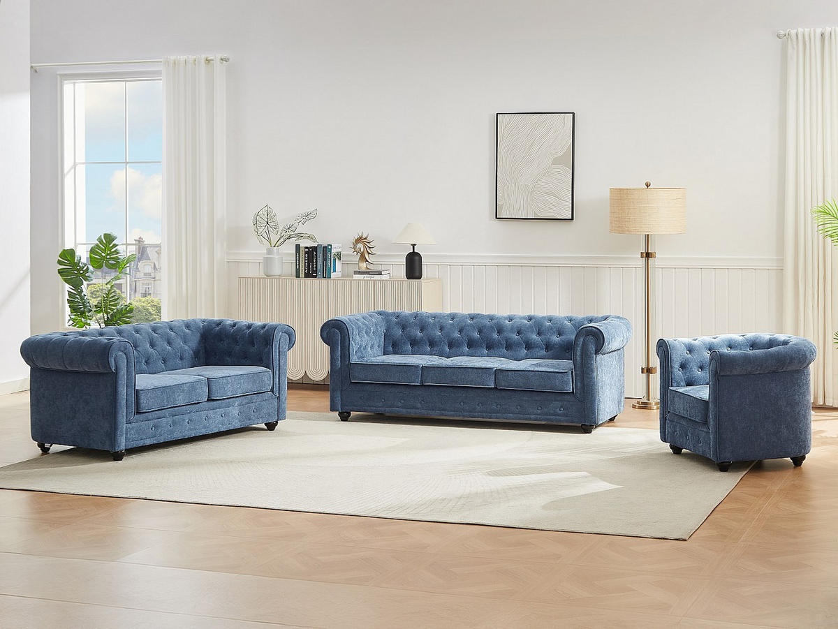 SOFA 3-Sitzer & 2-Sitzer & Sessel - Stoff - Blau - CHESTERFIELD - Blau, Textil (88/72/205cm) - Vente-Unique