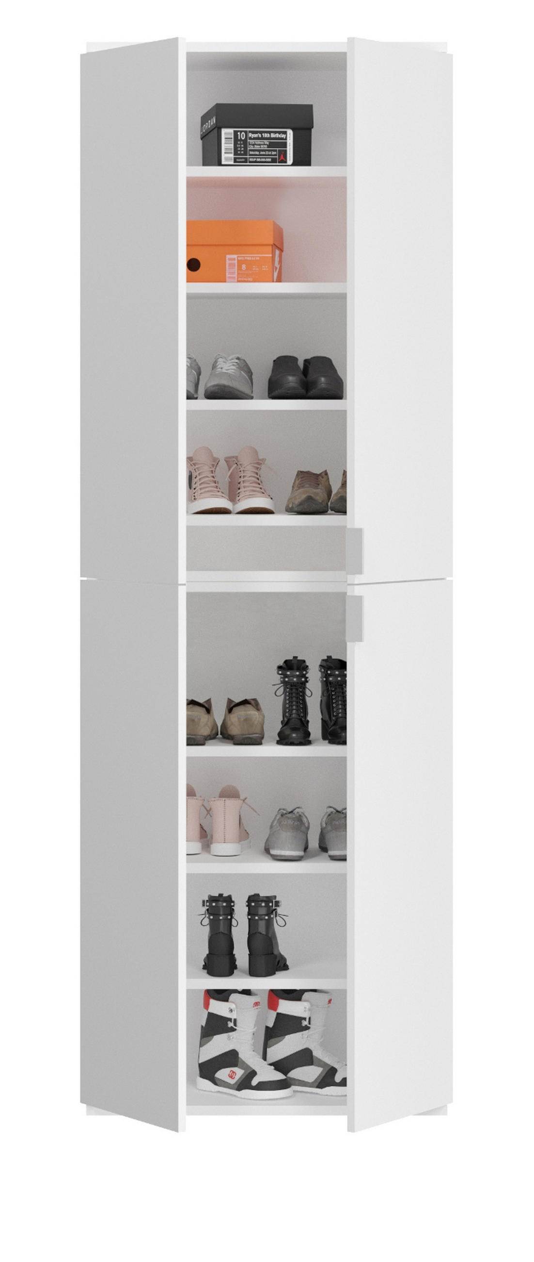 GARDEROBENSCHRANK weiß Hochglanz, Schuhschrank 4-türig, 9 Fächer - Chromfarben/Weiß Hochglanz, Holzwerkstoff/Metall (61/193/34cm) - Inn.Furn