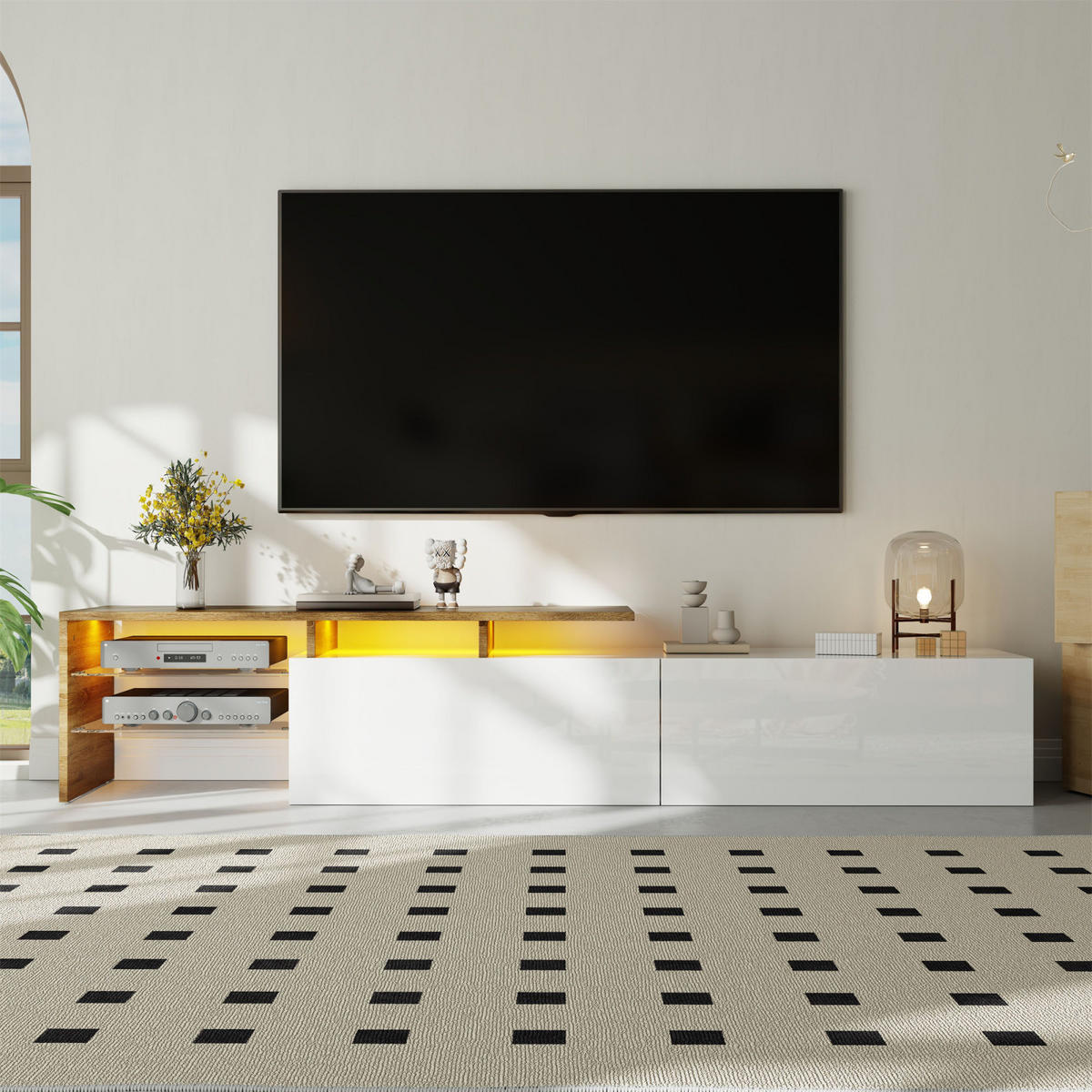 TV Lowboard LED, Holzoptik, Glasregale, Weiß - Weiß, Holz (170/33.5/33cm)
