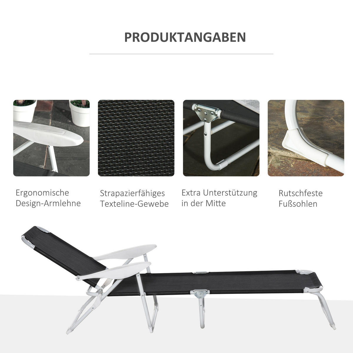 SONNENLIEGE - Schwarz, Kunststoff/Metall (66/80/160cm) - Outsunny