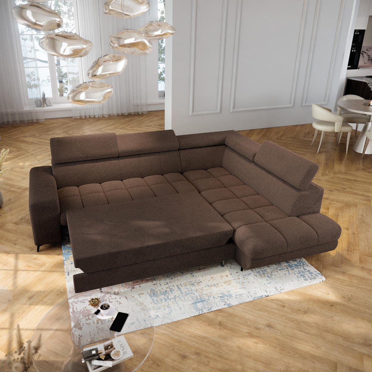 ECKSOFA MORIVA Q R-S Braun Boucle-Stoff mit Schlaffunktion - Braun, Holzwerkstoff/Textil (253/190cm) - MASSENO