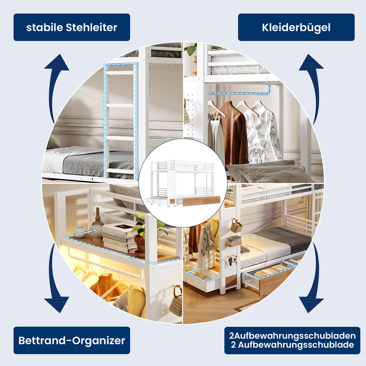 ETAGENBETT 90x200 Weiß Metall mit 4 Schubladen, LED & Kleiderstange - Weiß, Metall - Urban Meuble