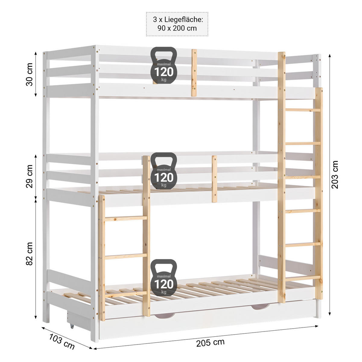 ETAGENBETT 90/200 cm Weiß Natur für 3 Kinder - Weiß, Holz (90/200cm) - Homestyle4u