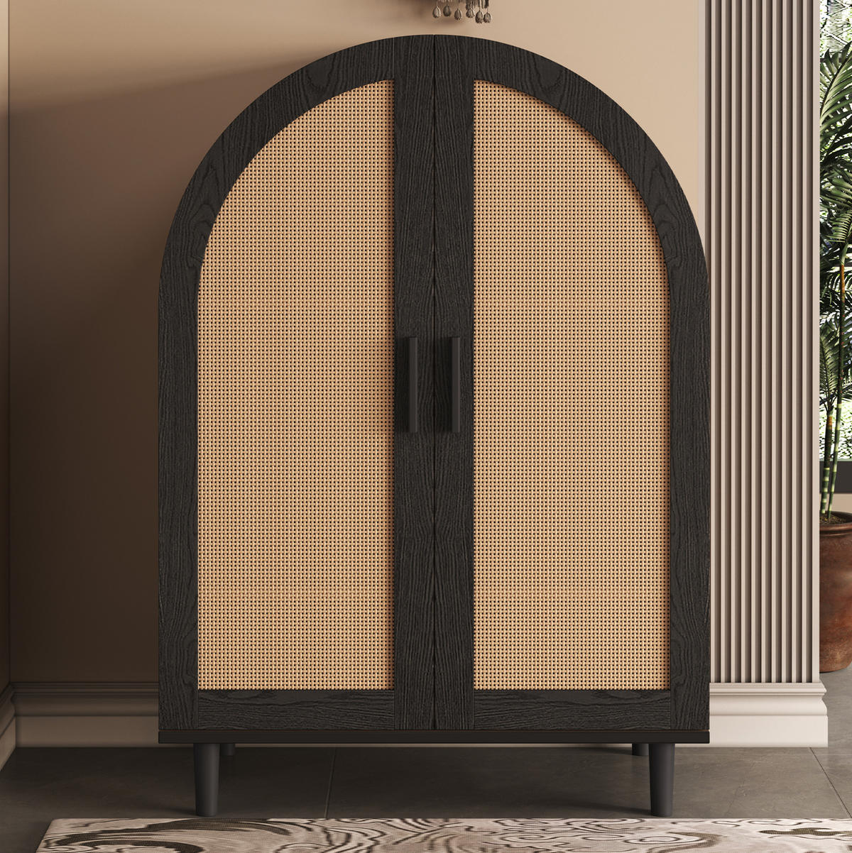 SCHUHSCHRANK für 12–15 Paar Schuhe, mit Rattantüren und Metallbeinen, 70/40/100 cm, Schwarz und Holz - Naturfarben, Holzwerkstoff (70/40/100cm) - Redom