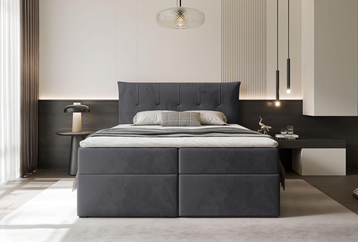BOXBETT CHESTER 140/200 cm mit Matratze und Topper, Dunkelgrau - Dunkelgrau, Holzwerkstoff/Textil (140/200cm) - Idohome