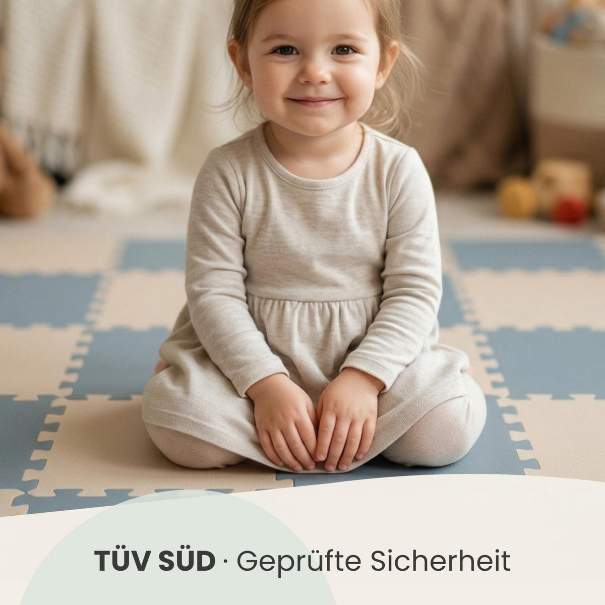 SPIELMATTE mit Rand - 180/90/1 cm Puzzlematte Blau Beige - Grau, Kunststoff (30/30cm) - Littletom