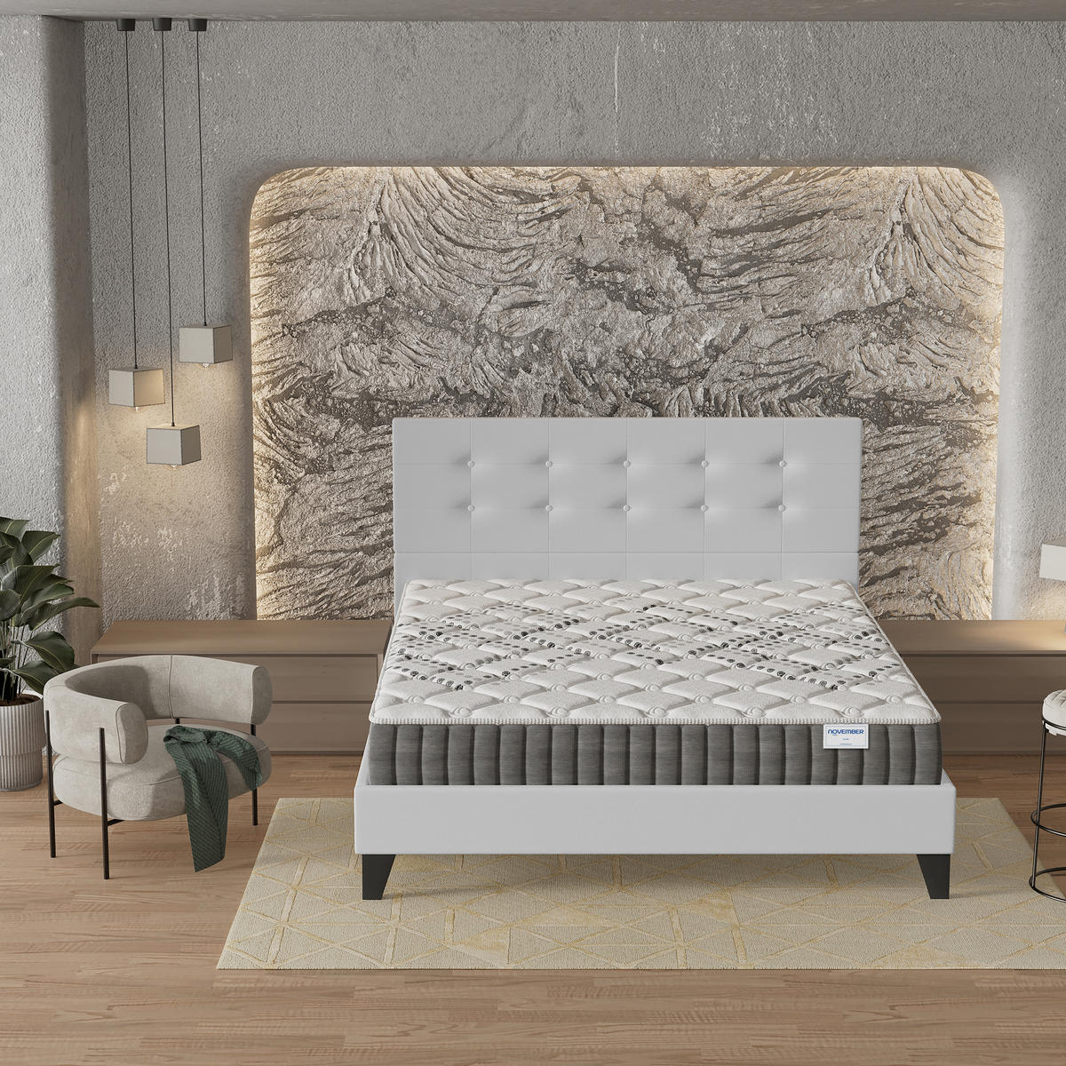 POLSTERBETT und MATRATZE - 140 x 200 cm - Taschenfederkern - 20cm dick - Weiß, Naturmaterialien/Holz (140/200cm) - November Sleep