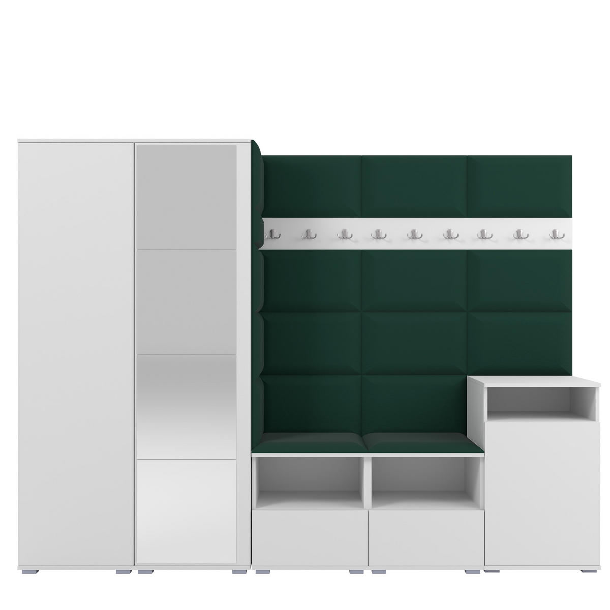 GARDEROBE NELA VIII 250 cm (Modulare Flurmöbel Weiß mit Spiegel & Sitzpolster Flaschengrün 28 Set XL) - Dunkelgrün/Silberfarben, Holz/Holzwerkstoff (250/187/40cm) - Ravio