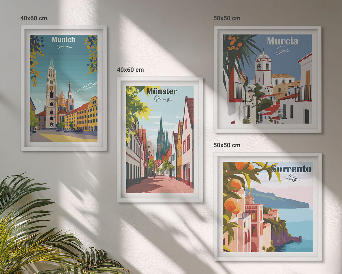 BILDER SET 4er Set - 50x50 cm & 40x60 cm Weißer Rahmen - Europäische Städte in farbigen Illustrationen - Weiß, Kunststoff (50/50cm) - TULUP