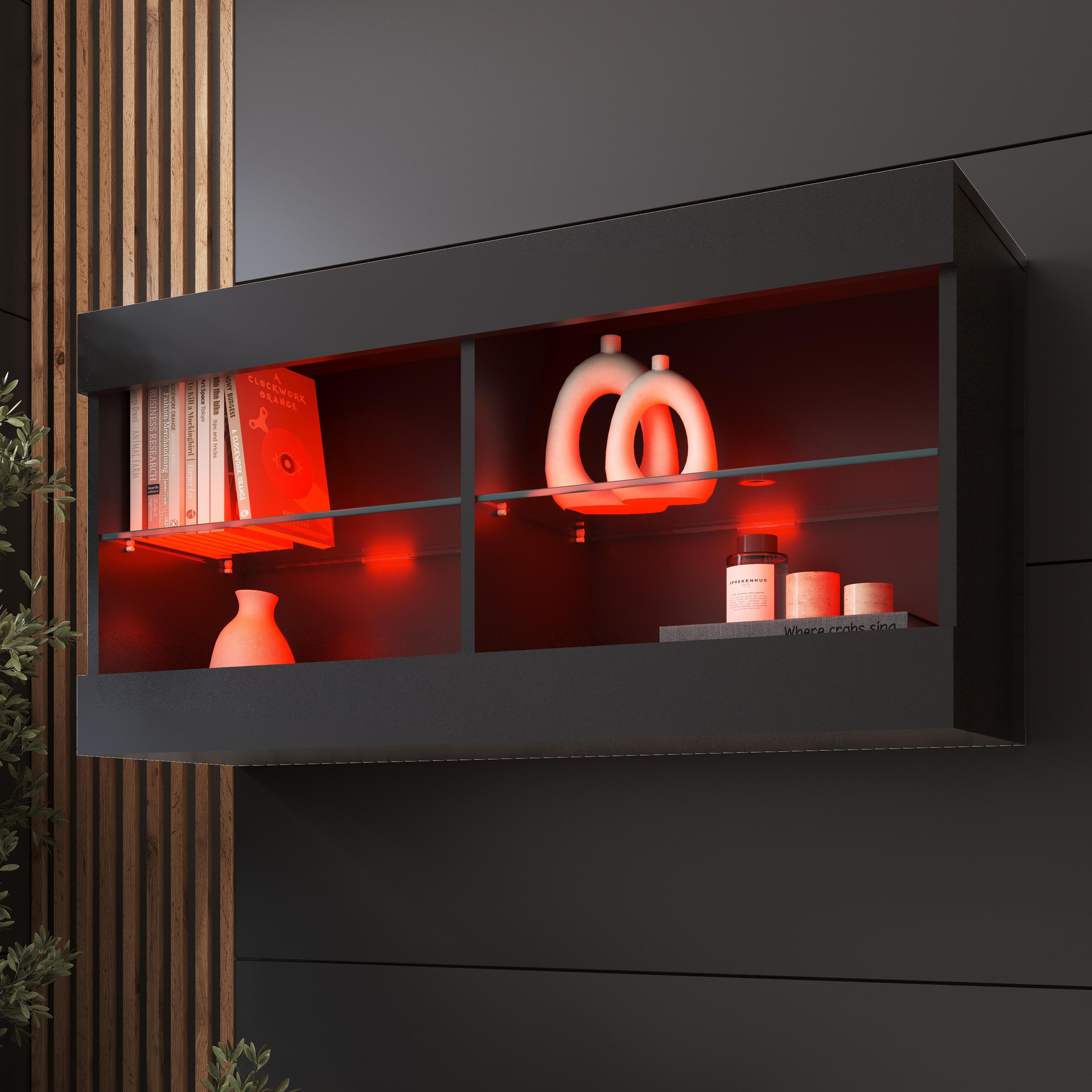 HÄNGEVITRINE TIVOLI HORIZONTAL 100, Schwarz, LED Mehrfarbige - Schwarz, Glas/Holzwerkstoff (100/50/29.5cm) - Komodee