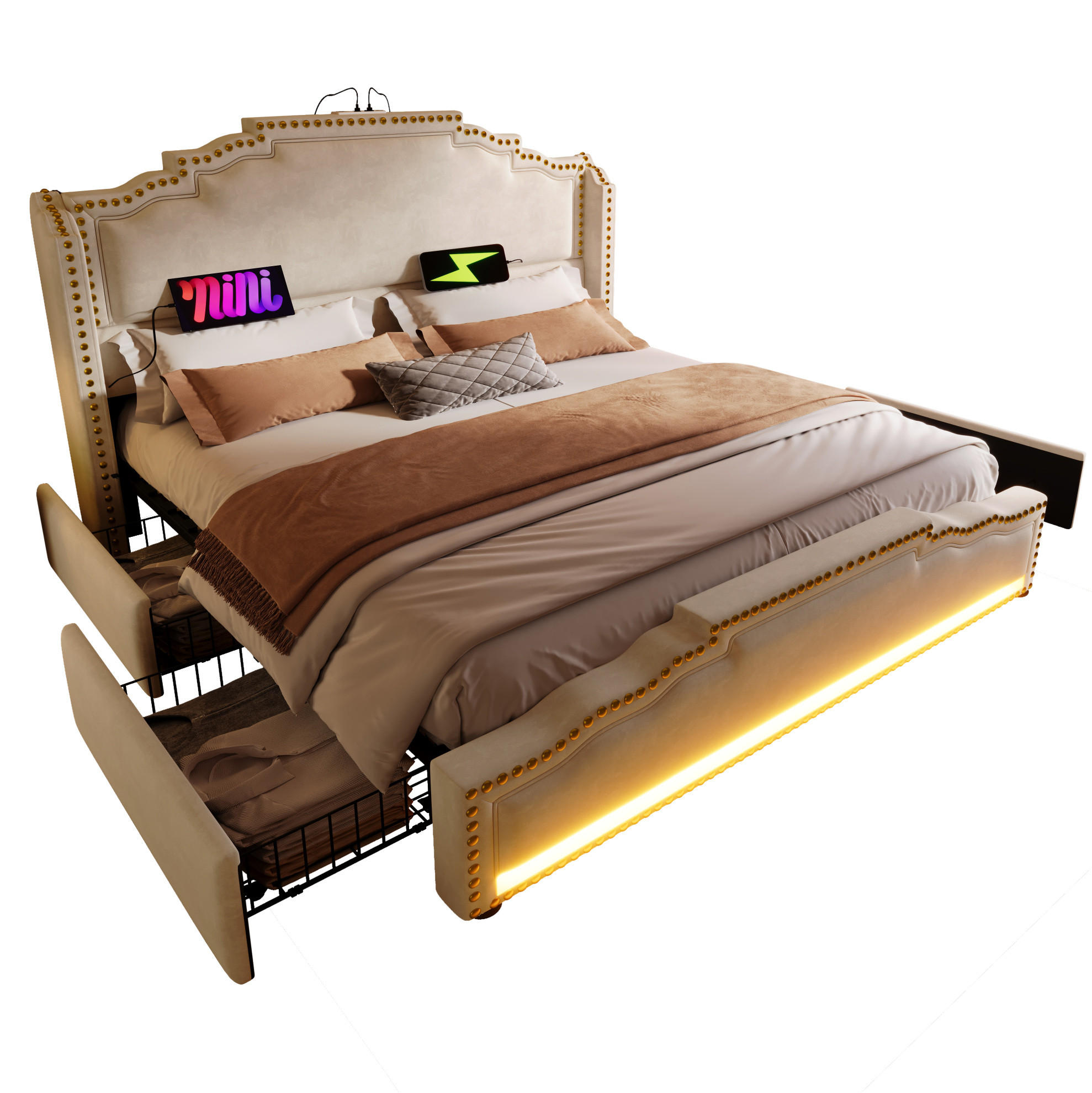 POLSTERBETT 180/200 cm aus Samt mit LED-Beleuchtung, USB-C und 4 Schubladen Beige - Beige, Textil (180/200cm) - Modenvie