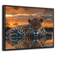 LEINWAND Bilder mit Rahmen - Natur - Leopard - Tier - Sonnenuntergang - Modern - 40x30 - Orange, Textil (40/30cm) - MuchoWow