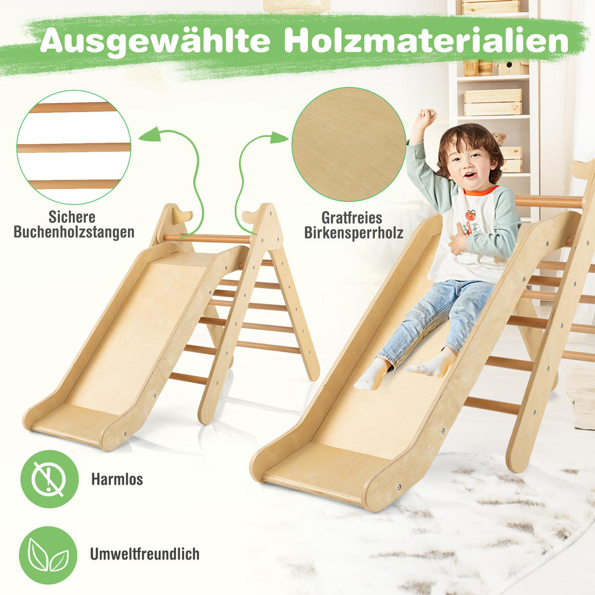 RUTSCHE kletterdreieck Holz - Naturfarben, Holz (87/74/48cm) - COSTWAY
