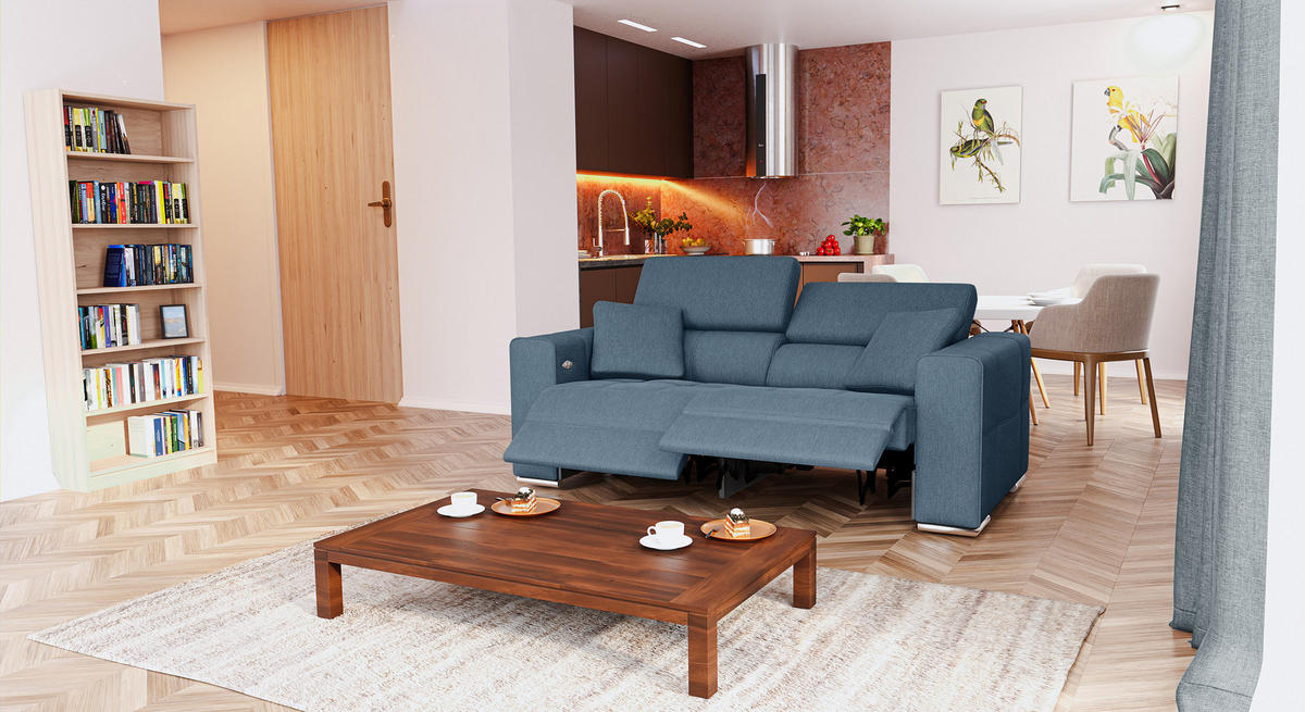 SOFA QUARTZ 3-Sitzer mit 2 Relaxfunktionen, blau - Blau/Silberfarben, Holzwerkstoff/Textil (204/80/102cm) - Courtois Laville