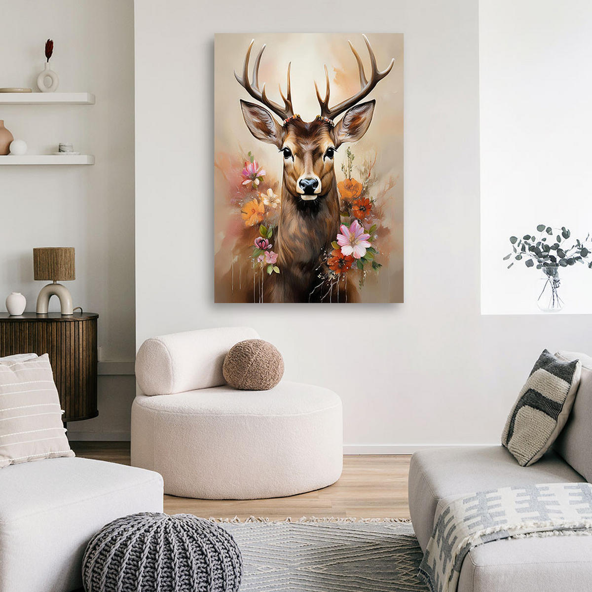 WANDBILD hirsch blumen tiere vintage - Braun, Textil (40/60cm) - Feeby