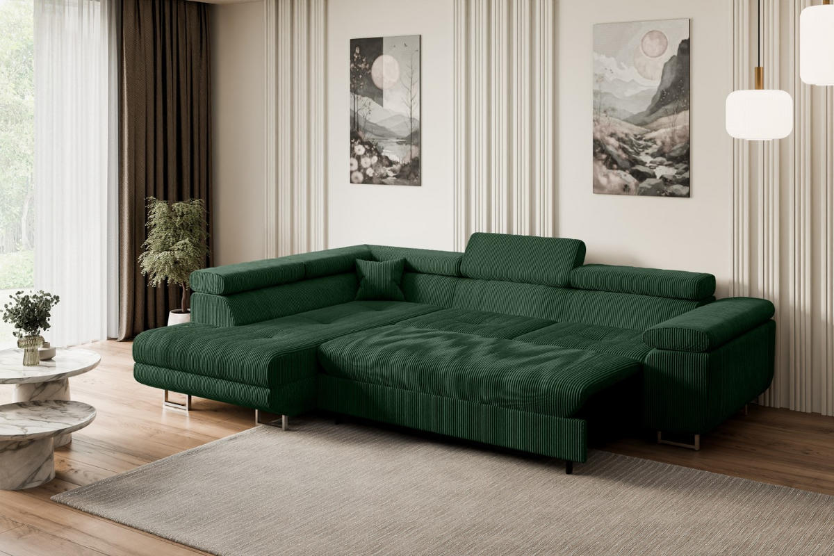 ECKSOFA mit Schlaffunktion und Bettkasten GUSA-L 272x202x107 cm Grün Cord - Silberfarben/Grün, Holzwerkstoff/Textil (202/272cm) - ALTDECOR