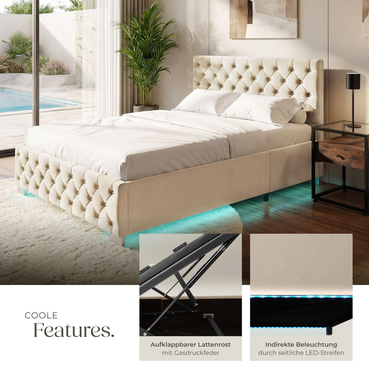 POLSTERBETT Daytona, großer Stauraum, Samtoptik sand - Gelb/Samtahornfarben, Holz (180/200cm) - tectake