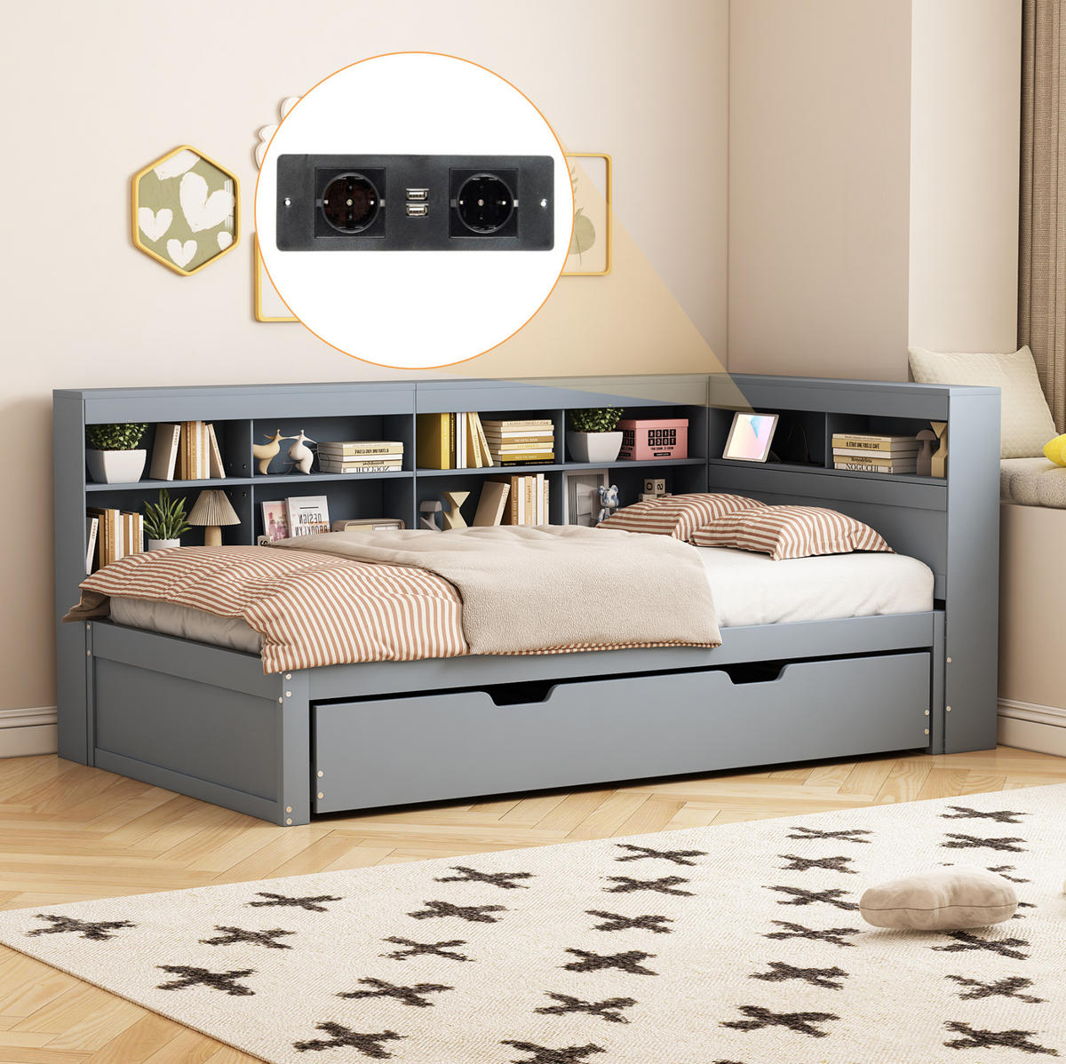 BETT 90/200 cm Grau aus Holz mit Bett und USB-Buchse - Grau, Holz (90/200cm) - OKMYHOME