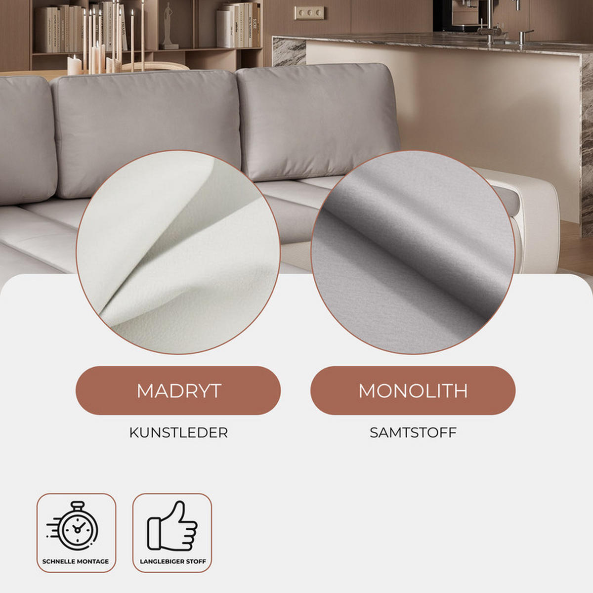 ECKSOFA VELANO mit Schlaffunktion und Bettkasten Creme/Hellgrau - Hellgrau, Holzwerkstoff/Kunststoff (250/90cm) - Idohome