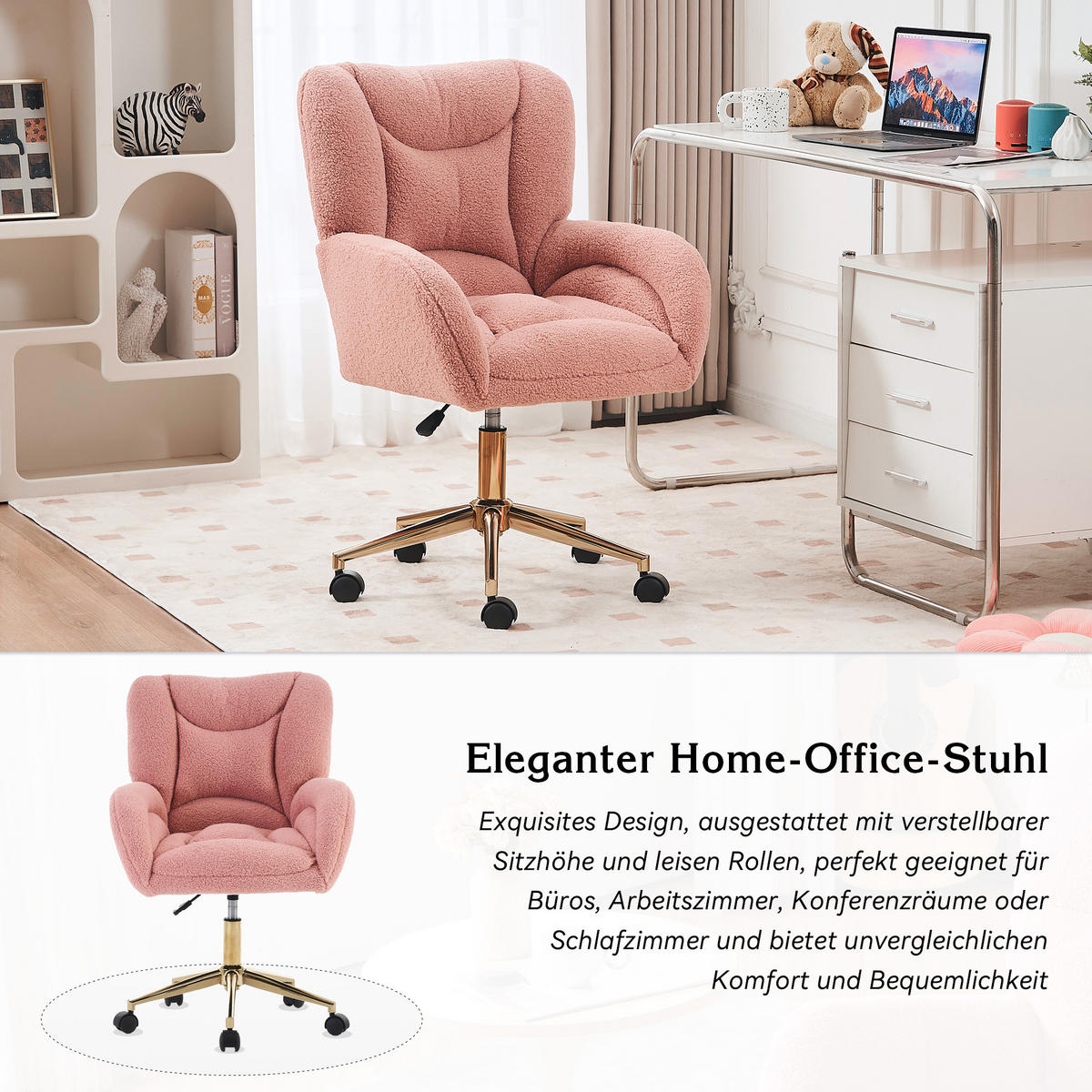 DREHSTUHL Teddy-Stoff höhenverstellbar und 360° drehbar 64/62/92.5 cm Rosa - Rosa, Textil (62/92.5/64cm) - Redom