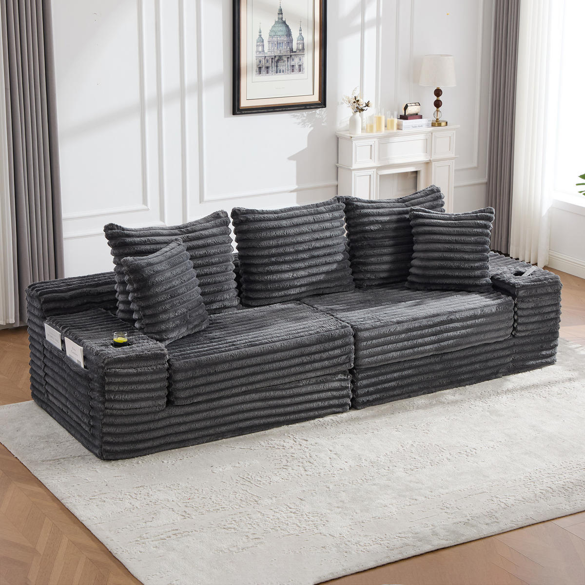 SCHLAFSOFA aus Cord mit Getränkehaltern und Kissen, Dunkelgrau - Dunkelgrau, Textil (107.48/34.25/38.58cm)
