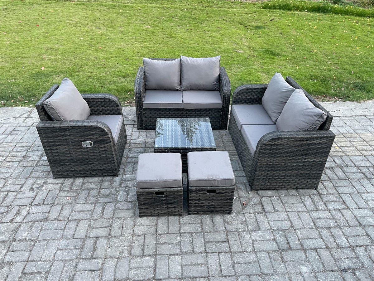 LOUNGEGARNITUR Polyrattan Dunkelgrau 7-Sitzer - Dunkelgrau, Metall - Fimous