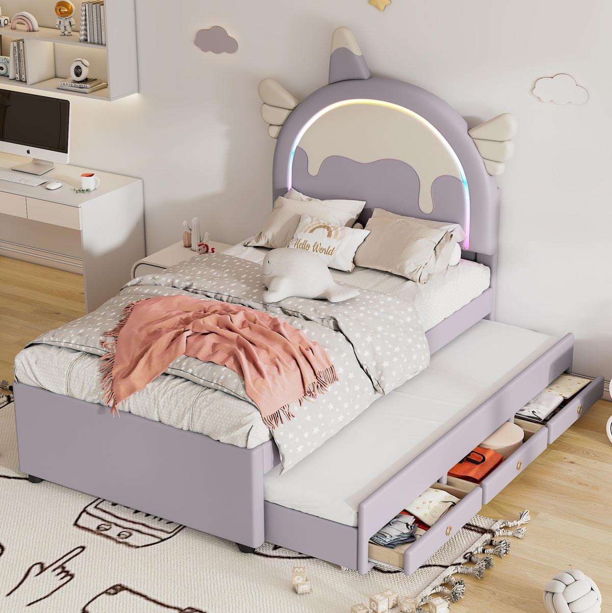 KINDERBETT mit ausziehbarem Rollbett 90x200 cm PU Violett - Lila, Holzwerkstoff (90/200cm) - Beauniv