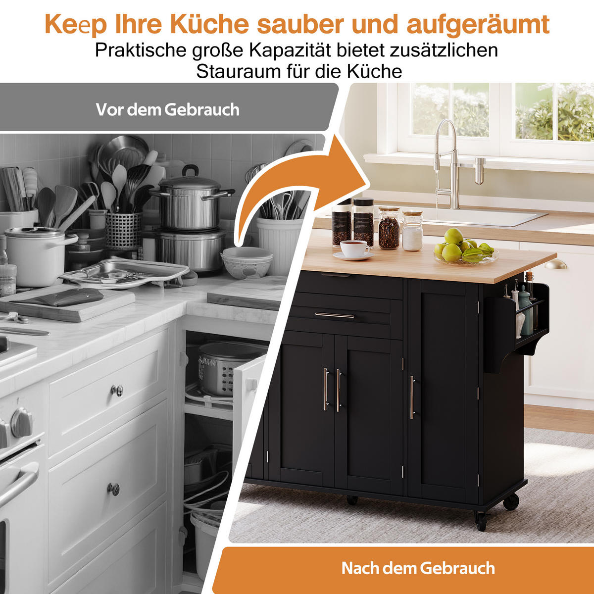 KÜCHENINSEL 136/70/92 cm schwarz/natur aus MDF mit Ausziehplatte - Schwarz, Holzwerkstoff (136/92/70cm) - OKWISH